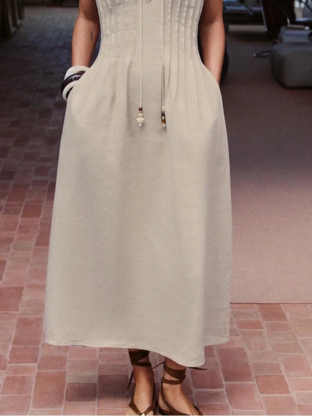 Zara light beige pleated linen midi dress